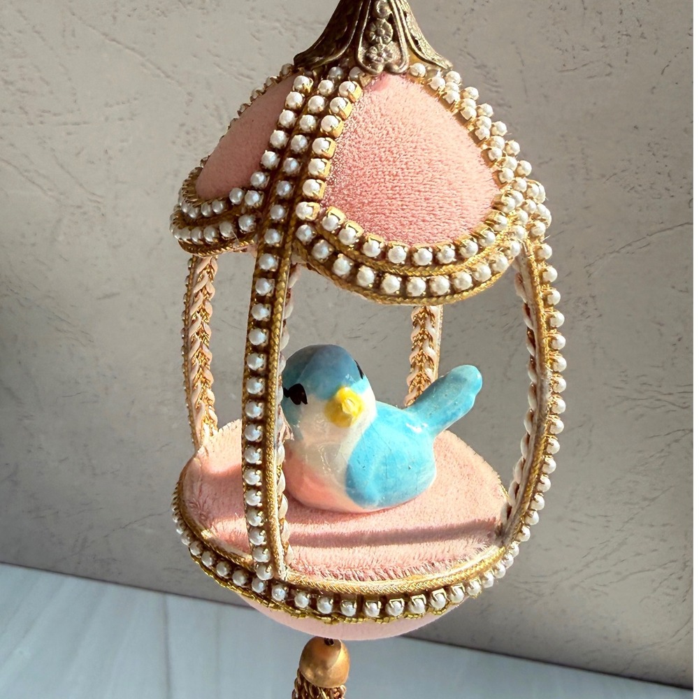 Vintage Pink Velvet Diorama Egg Ornament Blue Bird Faux Pearl Gold Tassel